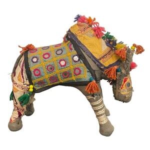 Vtg Handmade India Raj Stuffed Bull Ox Folk Ark Embroidered Patchwork Mirror Pom
